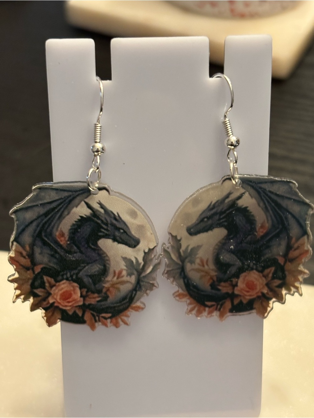 Title: Dragon Full Moon Acrylic Dangle Earrings | Blue Grey Dragon Against a Cre